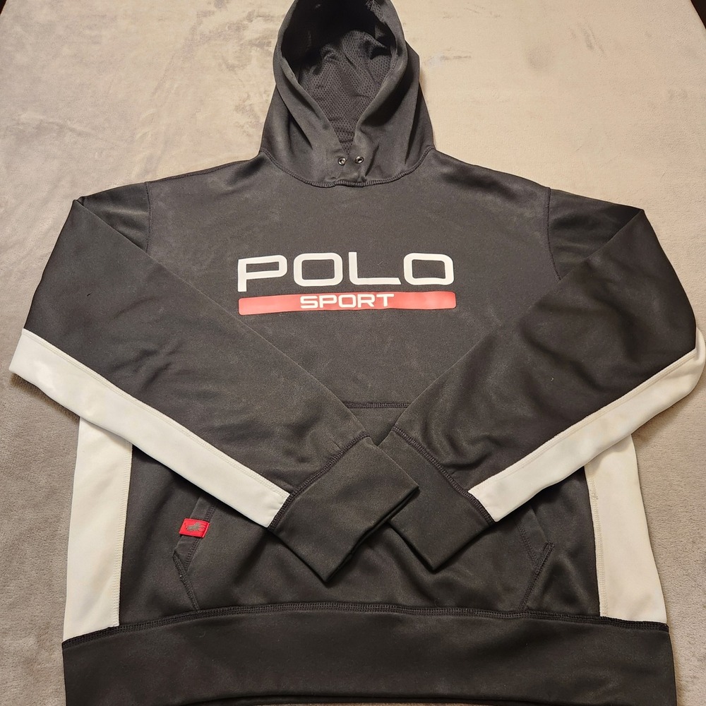 Polo Sport Ralph Lauren Mens Performance Hoodie Black White Logo Sweatshirt Sz L